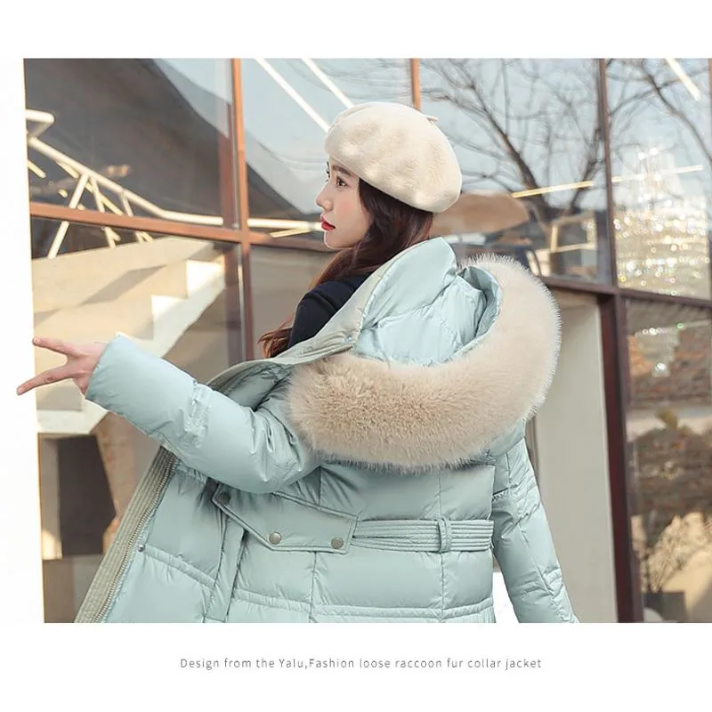 Knee-Length Thickened Fur Collar Puffer Coat