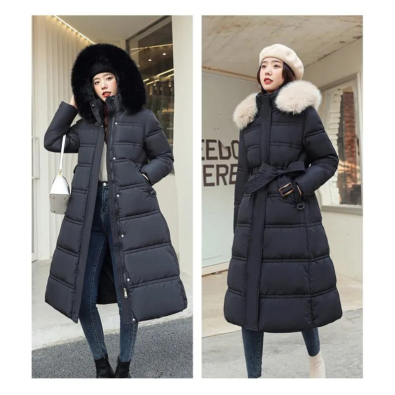 Knee-Length Thickened Fur Collar Puffer Coat