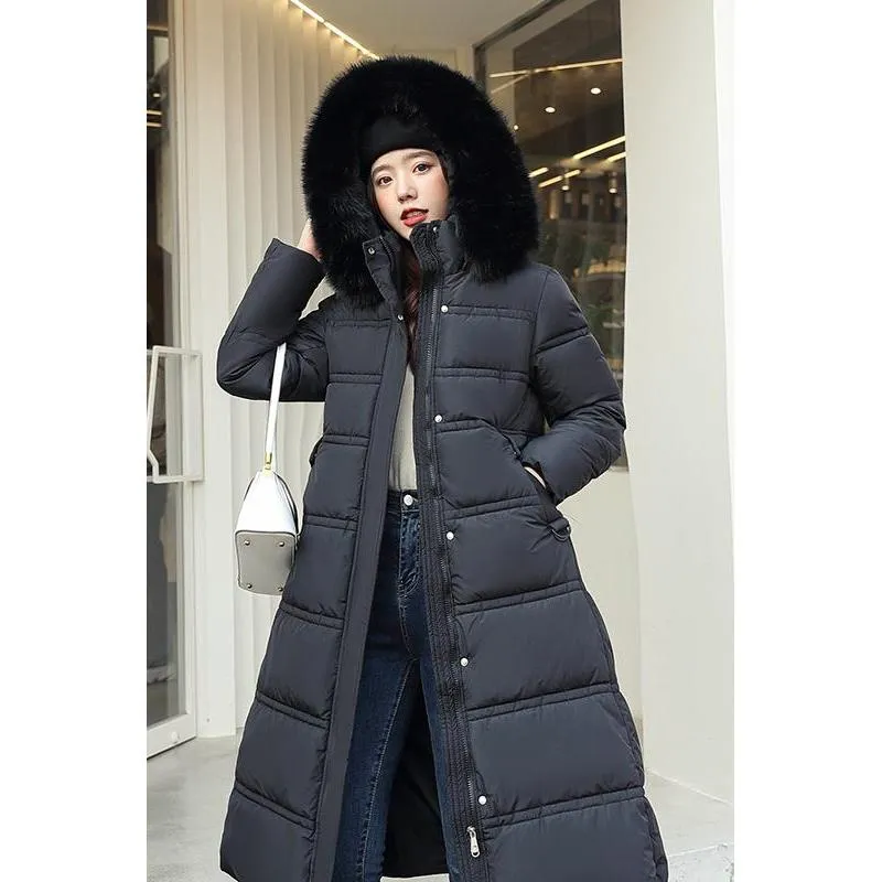 Knee-Length Thickened Fur Collar Puffer Coat