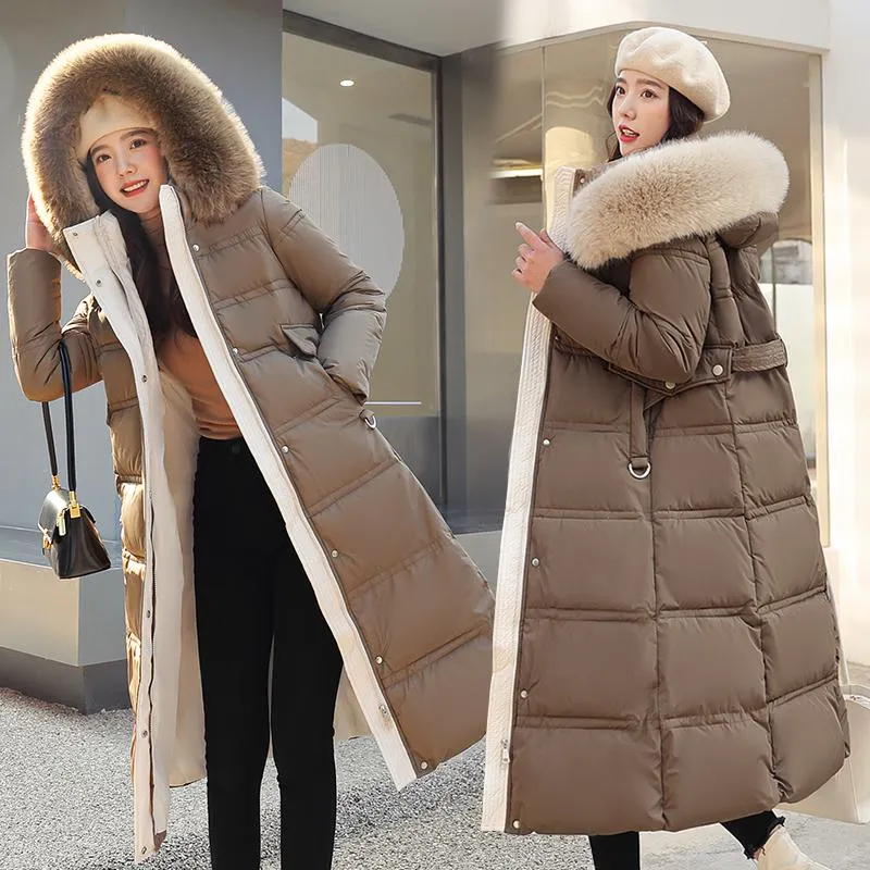 Knee-Length Thickened Fur Collar Puffer Coat