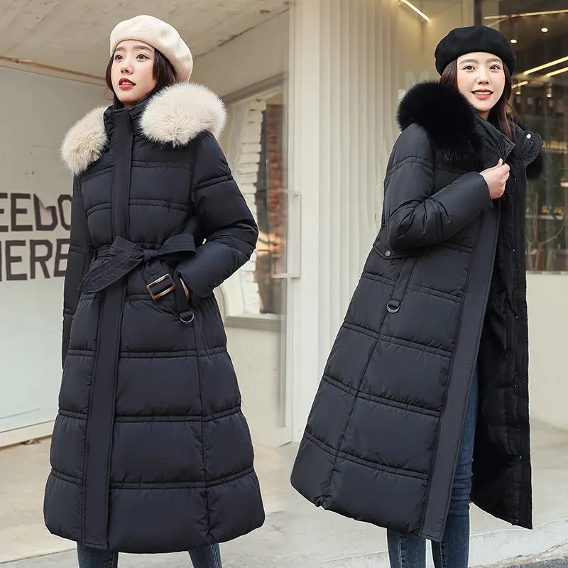 Knee-Length Thickened Fur Collar Puffer Coat