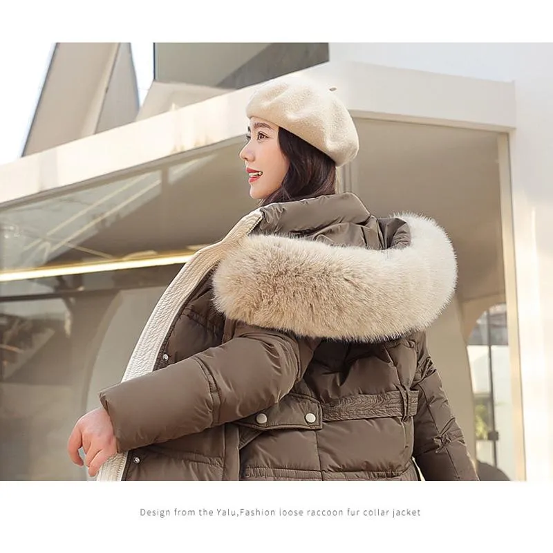 Knee-Length Thickened Fur Collar Puffer Coat