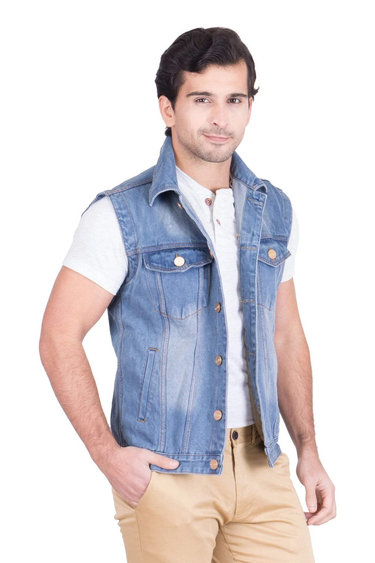 Krossstitch Sleeveless Light Blue Men's Denim Jacket with Brass Button