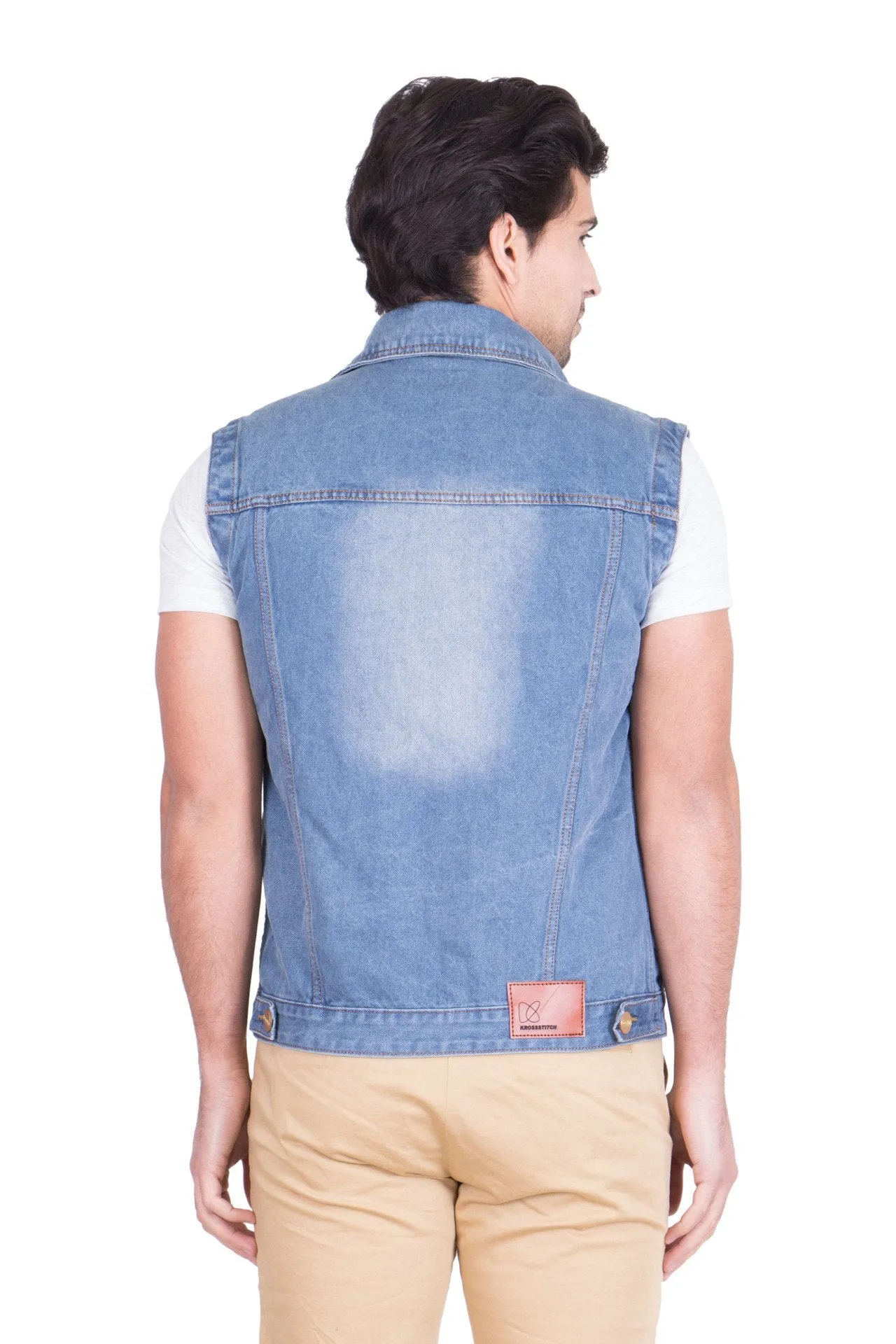 Krossstitch Sleeveless Light Blue Men's Denim Jacket with Brass Button