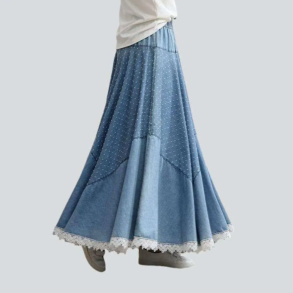 Lace hem embroidered denim skirt