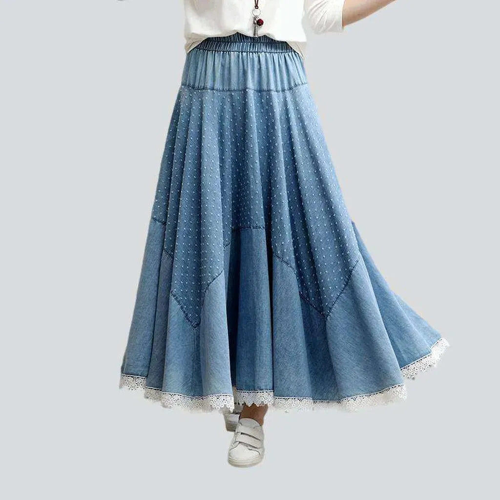 Lace hem embroidered denim skirt