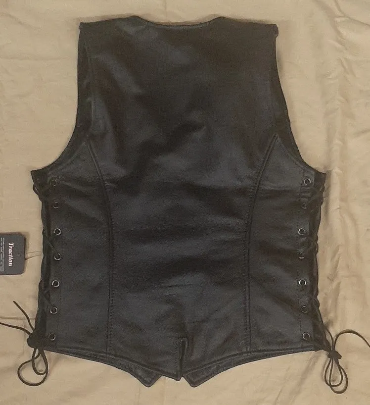 Ladies Black Leather Vest with Red Rose Lining 263