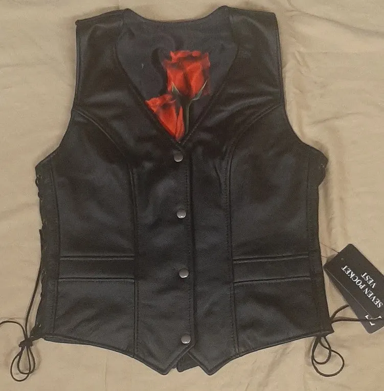 Ladies Black Leather Vest with Red Rose Lining 263