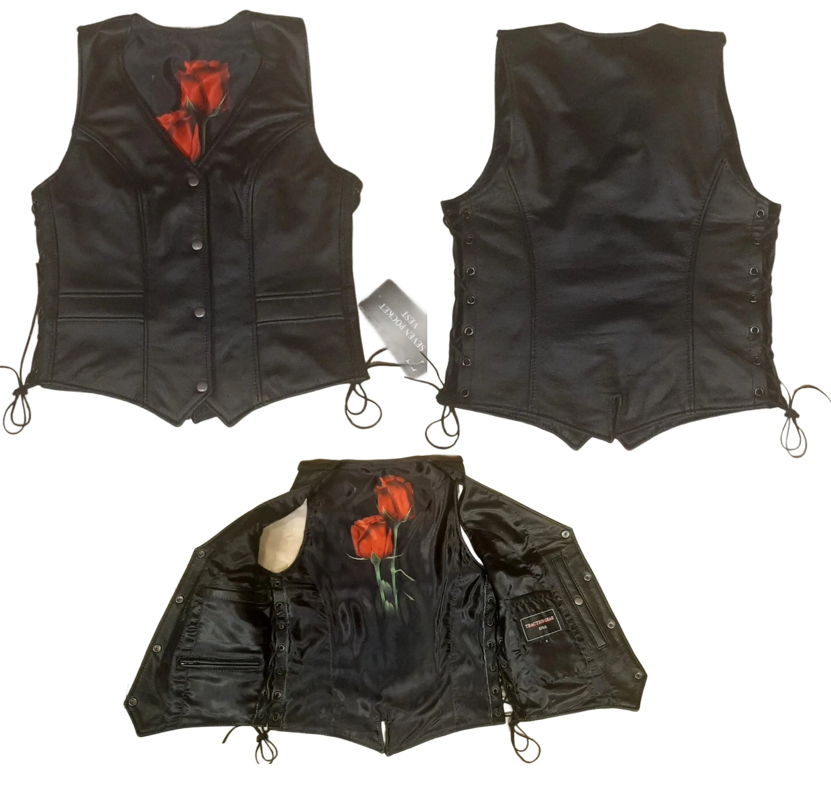 Ladies Black Leather Vest with Red Rose Lining 263