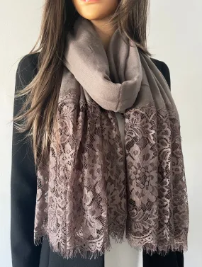 LARGE TAUPE BEIGE LACE DETAIL LIGHTWEIGHT SCARF