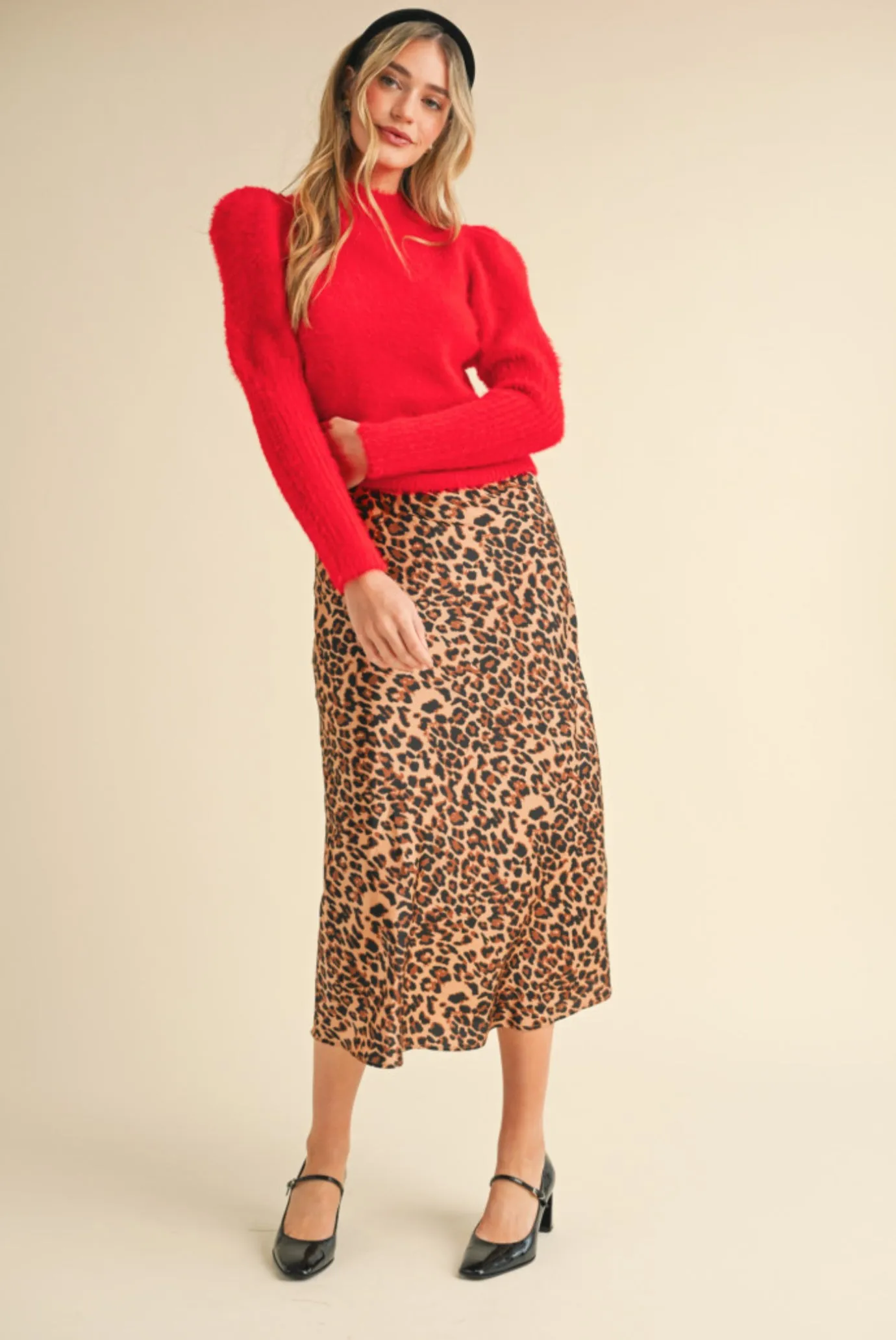 Leopard satin midi skirt