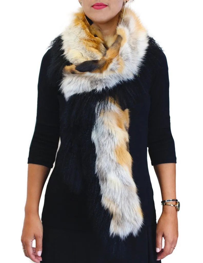 LONG RED FOX AND MONGOLIAN LAMB FUR SCARF