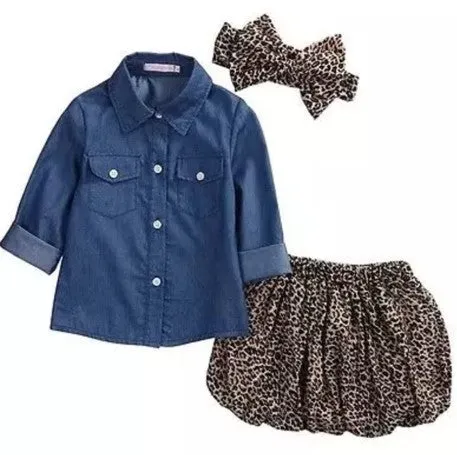 Long Sleeve Denim Shirt and Leopard Skirt #100010