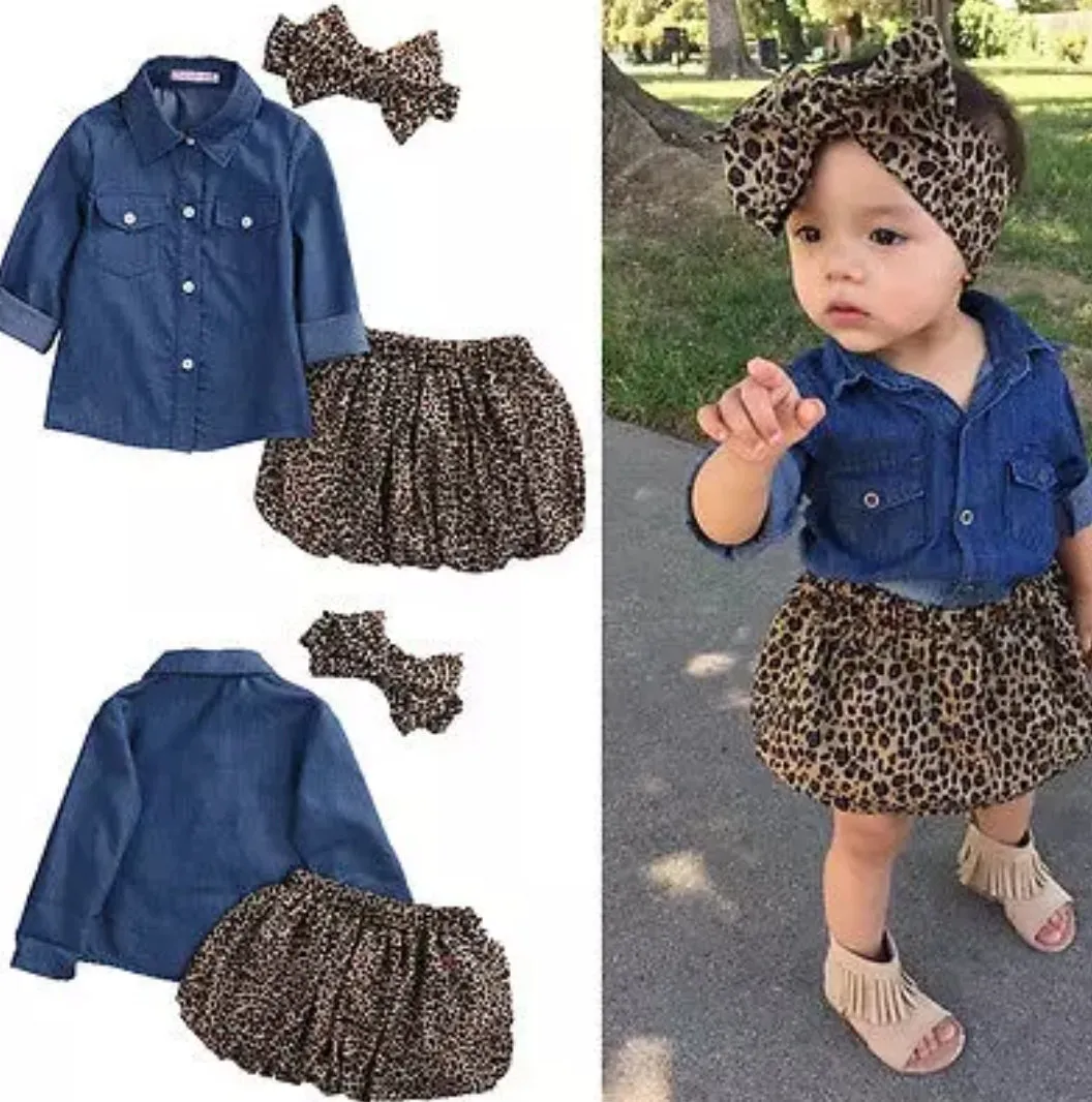 Long Sleeve Denim Shirt and Leopard Skirt #100010