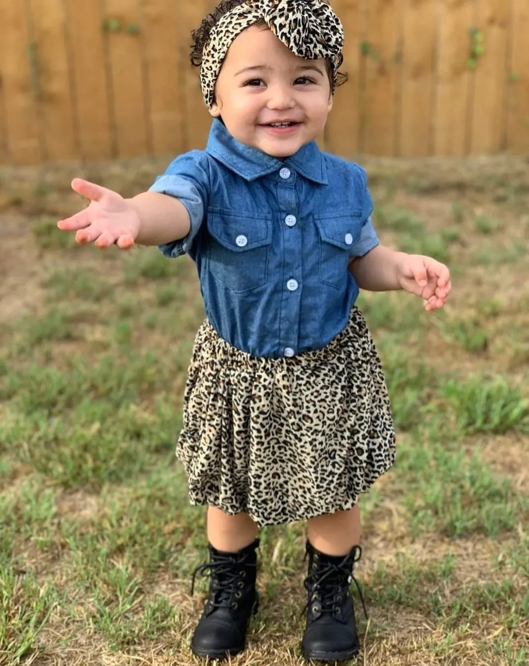 Long Sleeve Denim Shirt and Leopard Skirt #100010