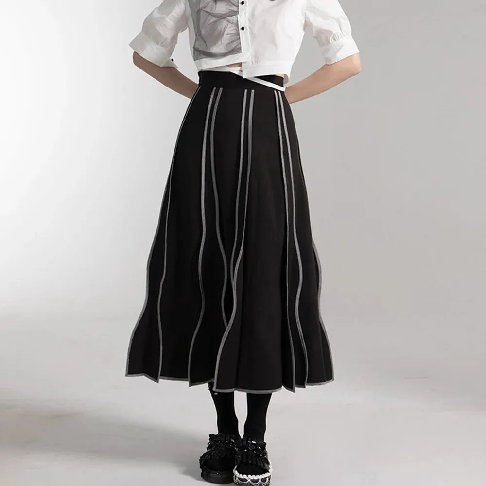 Loose Hit Color Striped Skirts For Women High Waist Folds A Line Casual Ankle Length Temperament Skirt Female