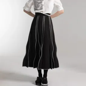 Loose Hit Color Striped Skirts For Women High Waist Folds A Line Casual Ankle Length Temperament Skirt Female