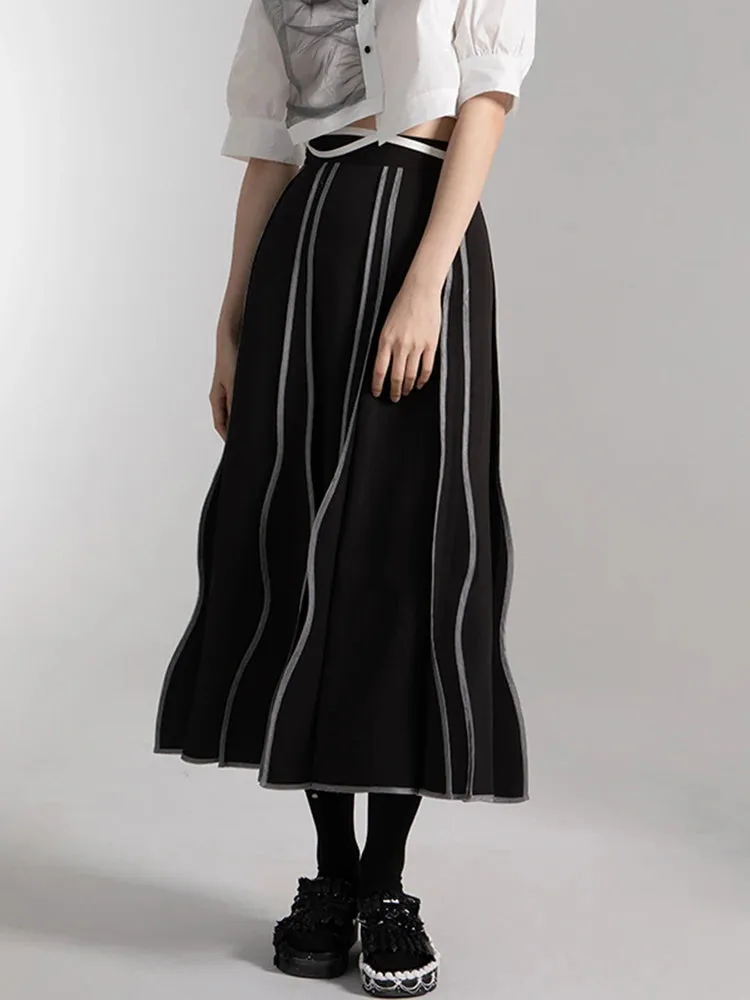 Loose Hit Color Striped Skirts For Women High Waist Folds A Line Casual Ankle Length Temperament Skirt Female