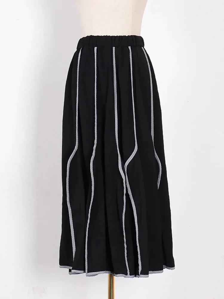 Loose Hit Color Striped Skirts For Women High Waist Folds A Line Casual Ankle Length Temperament Skirt Female