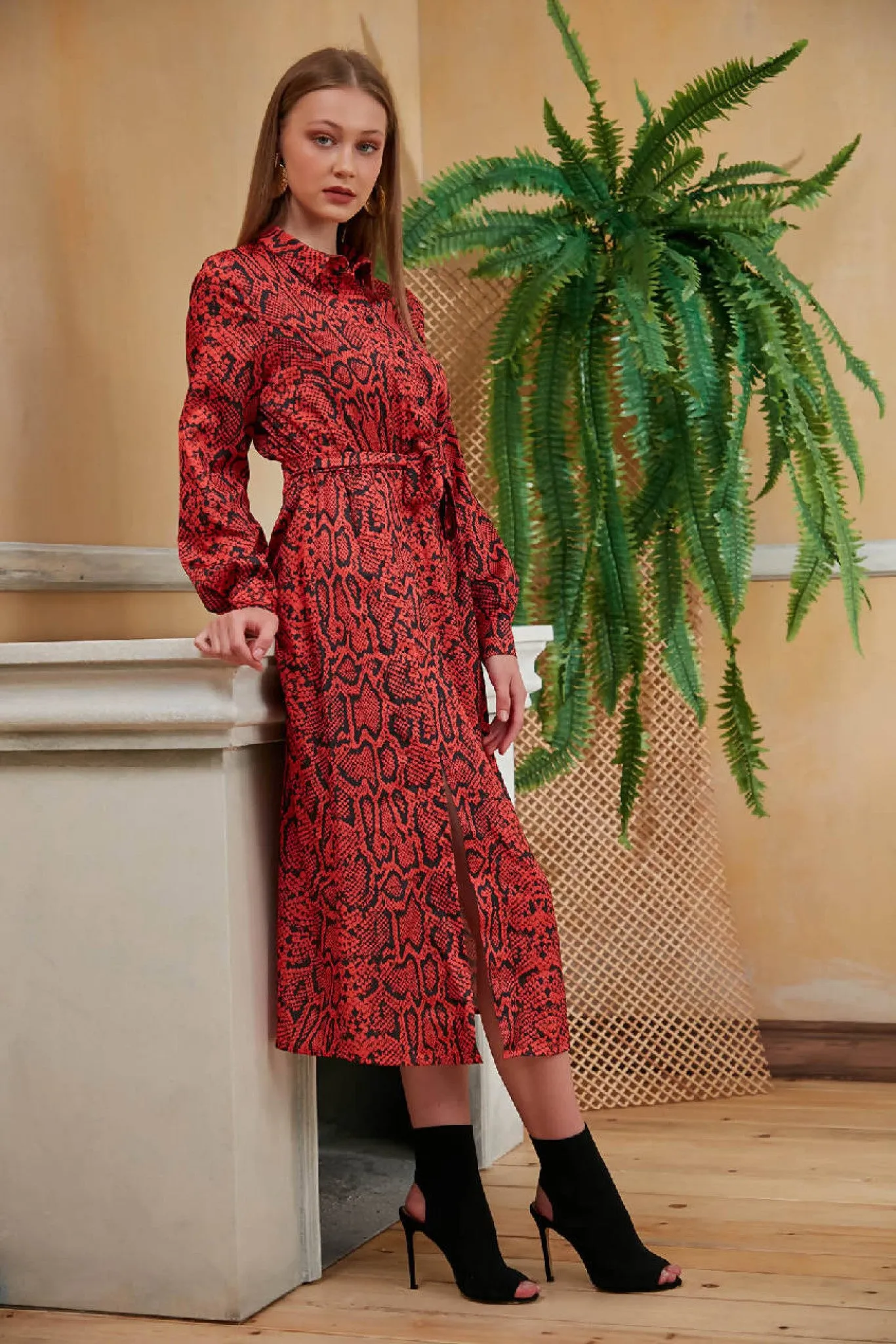 Love And Joy London Animal Print Midi Shirt Dress In Red