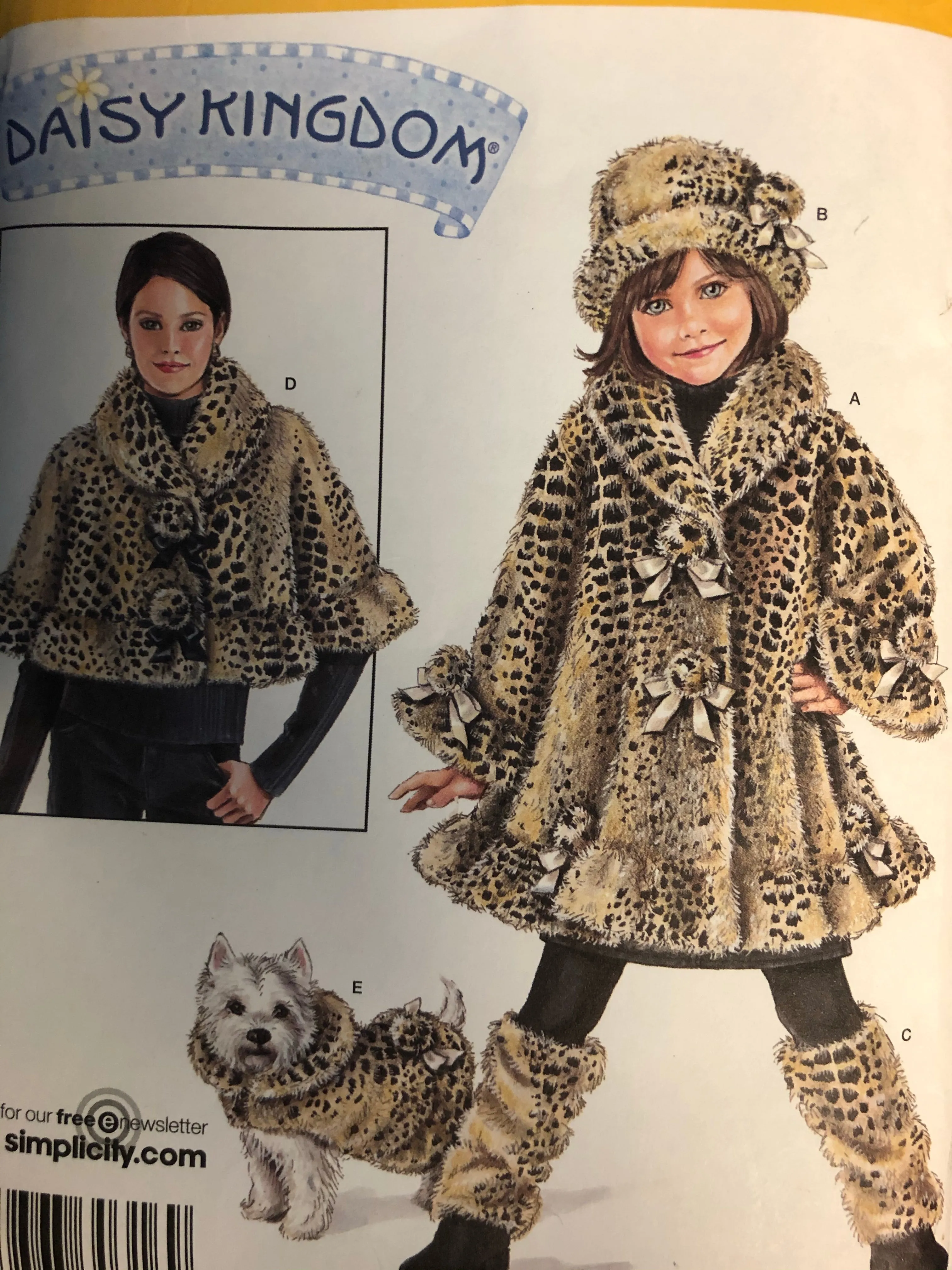 <€€ SEWING Patterns GIRLS Size A 3 4 5 6 7 8 XS-XL Simplicity #3940 Daisy Kingdom Coat Hat Leg Warmers Capelet Dog Coat