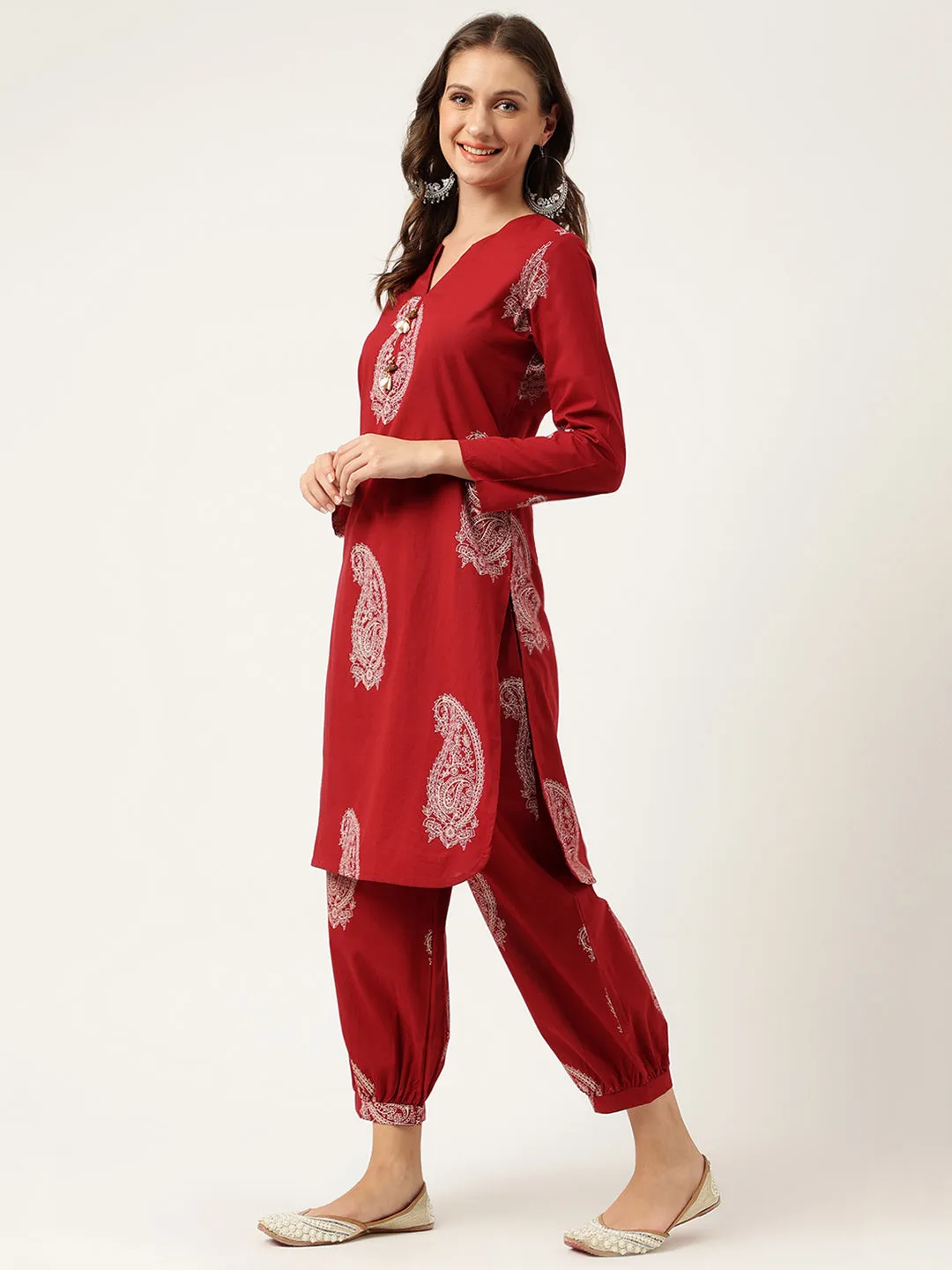 Maroon Paisley Print Cotton Co-Ord Set