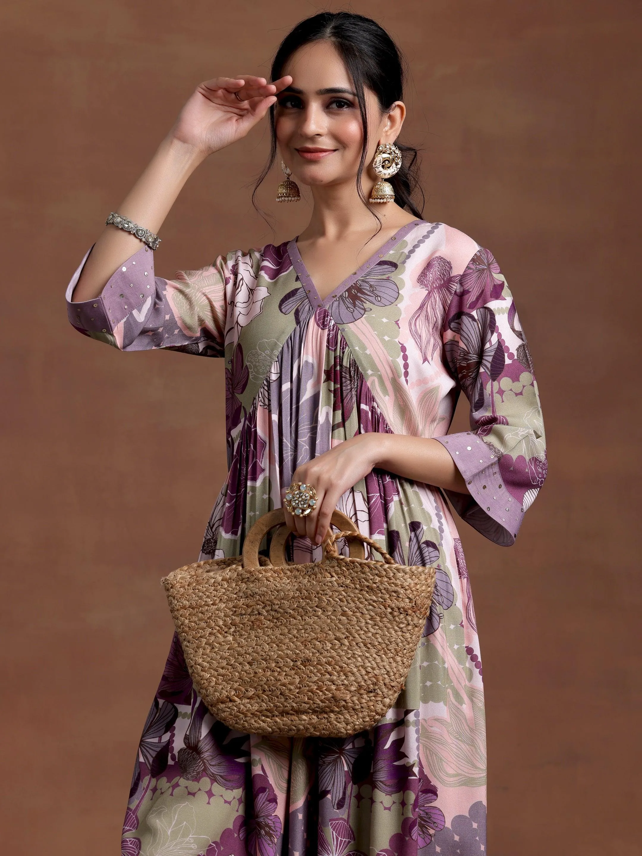 Mauve Printed Rayon A-Line Kurta With Trousers