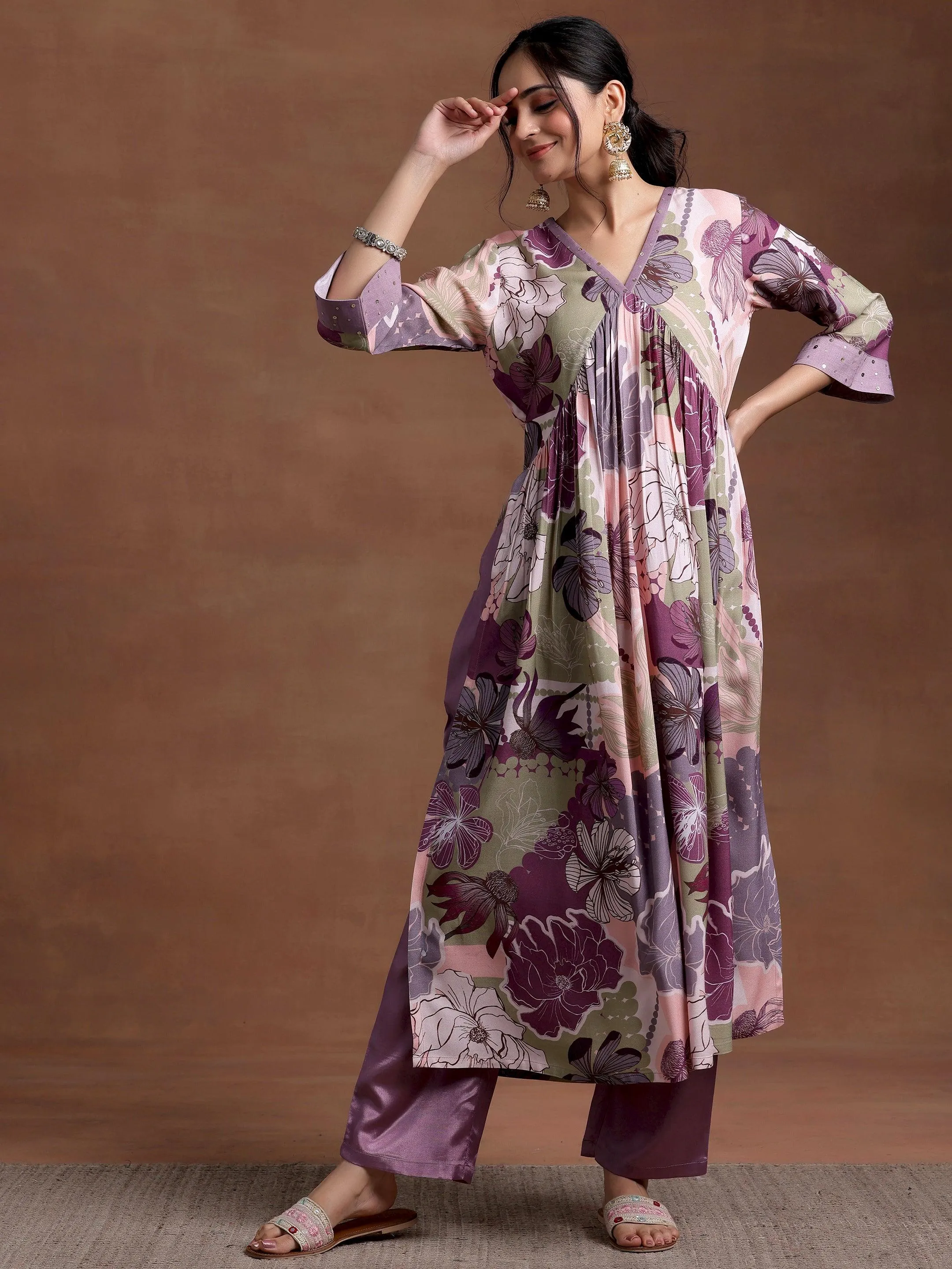 Mauve Printed Rayon A-Line Kurta With Trousers