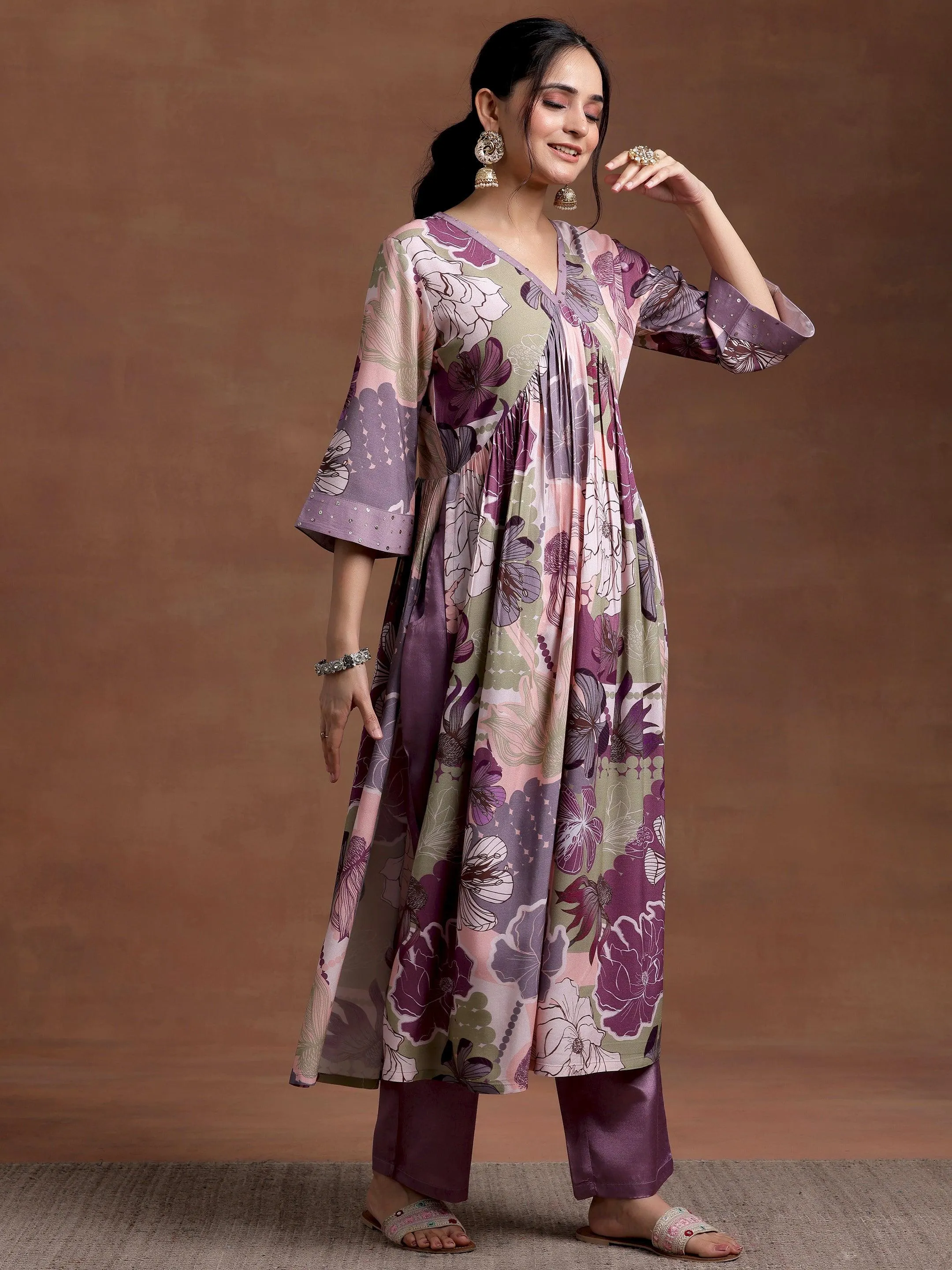 Mauve Printed Rayon A-Line Kurta With Trousers