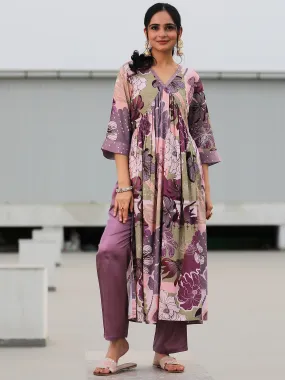 Mauve Printed Rayon A-Line Kurta With Trousers