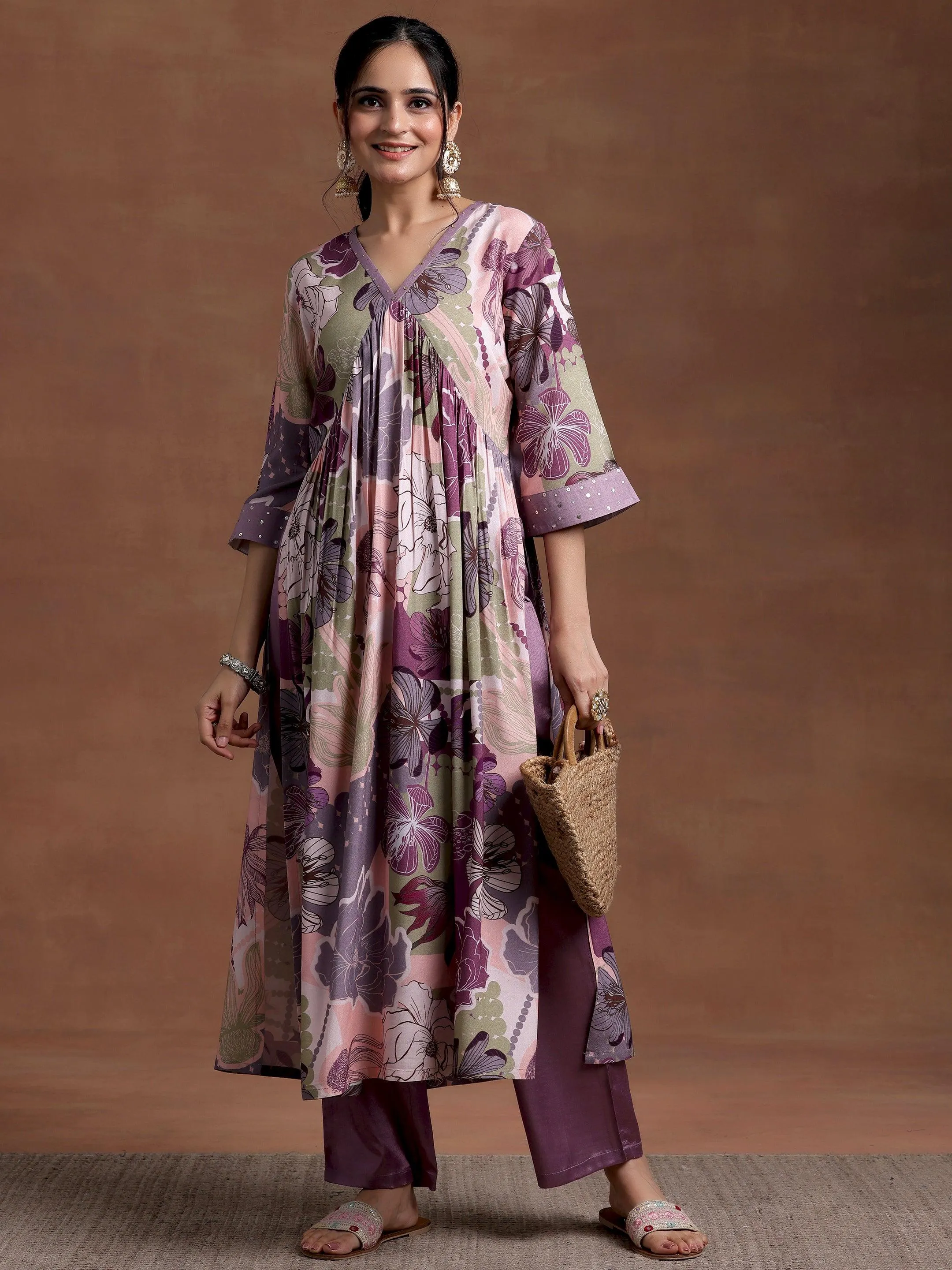 Mauve Printed Rayon A-Line Kurta With Trousers