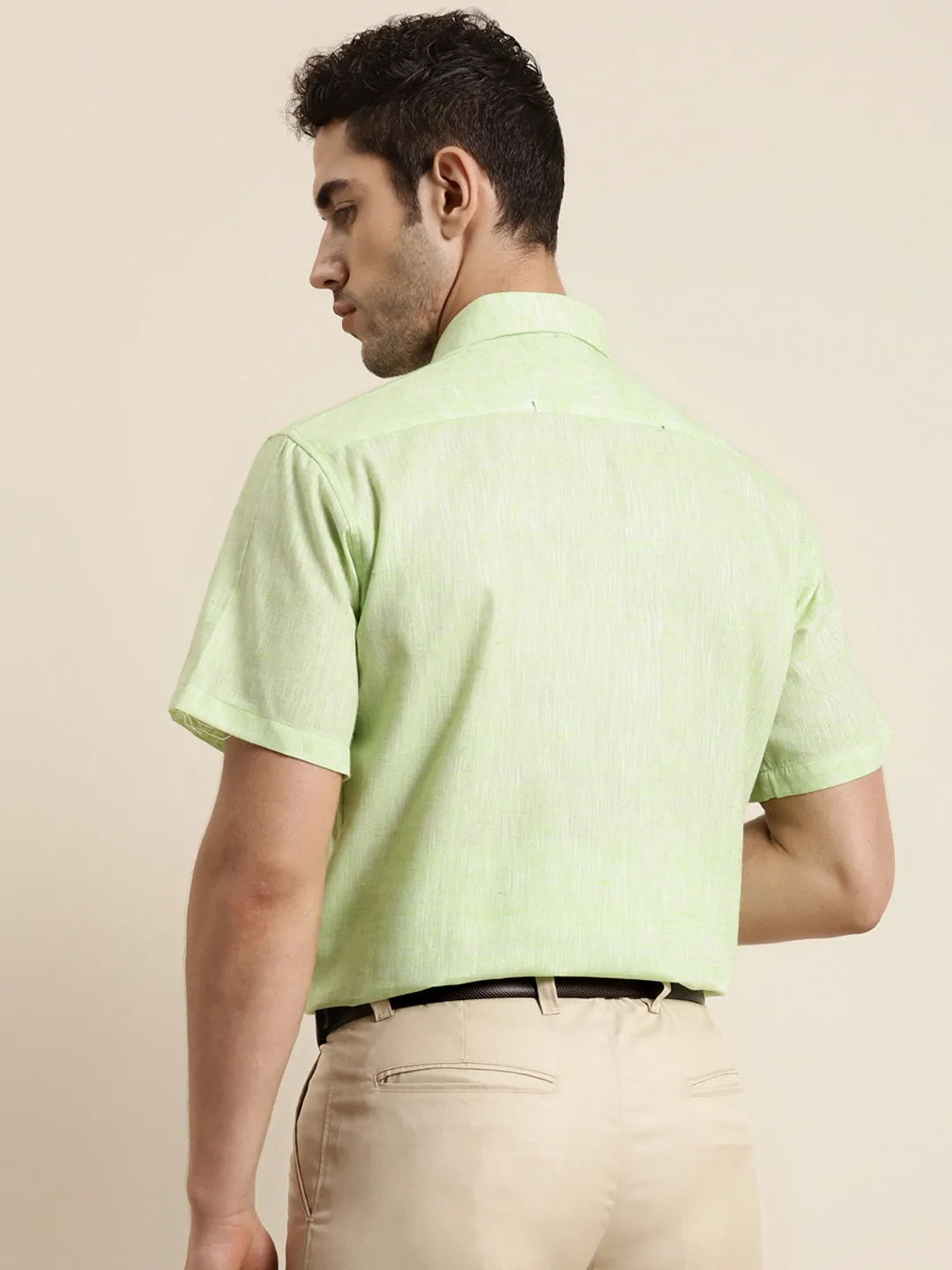 Men's Cotton Blend Lime Green Half sleeves Casual Shirt