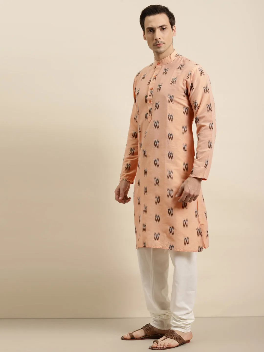 Men's Cotton Light Peach & Black Churidar Pyjama Set - Sojanya