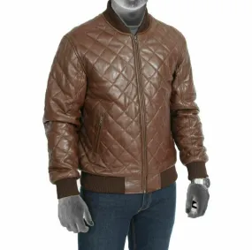 Men's Leather Varsity Jacket | Bomber Leather Quilted Fashion Jacket- Brown