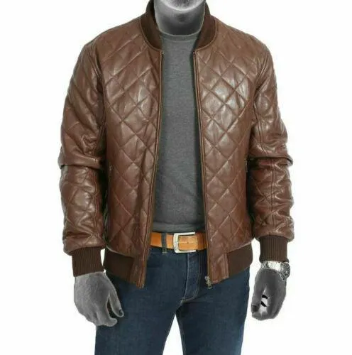 Men's Leather Varsity Jacket | Bomber Leather Quilted Fashion Jacket- Brown