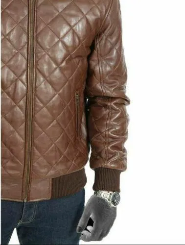 Men's Leather Varsity Jacket | Bomber Leather Quilted Fashion Jacket- Brown