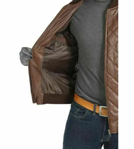 Men's Leather Varsity Jacket | Bomber Leather Quilted Fashion Jacket- Brown