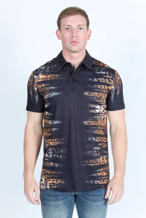 Mens Modern Fit Stretch Baroque Print Polo with Rhinestones