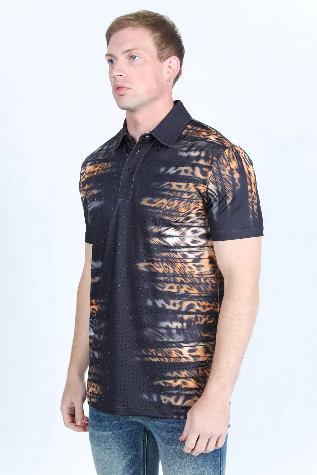 Mens Modern Fit Stretch Baroque Print Polo with Rhinestones