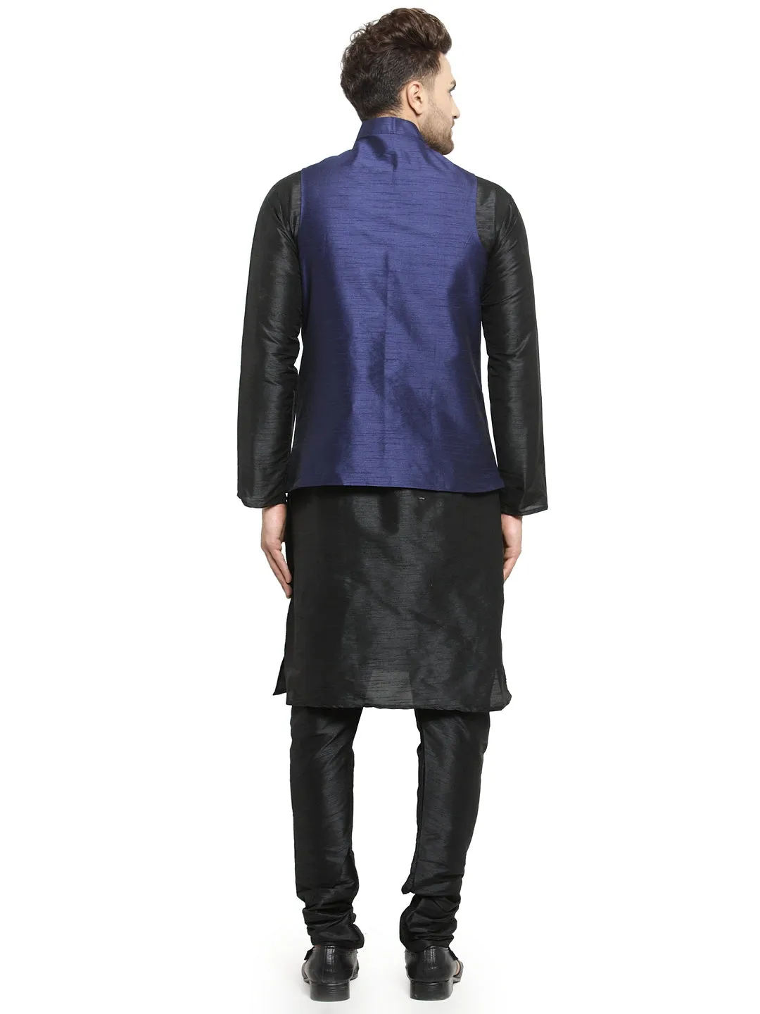 Men's Silk Blend Black Kurta With Pyjama & Navy Blue Nehru Jacket - Benstoke