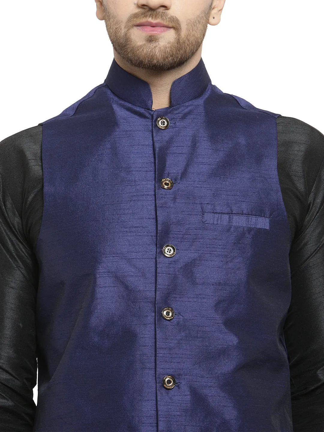 Men's Silk Blend Black Kurta With Pyjama & Navy Blue Nehru Jacket - Benstoke