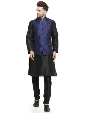 Men's Silk Blend Black Kurta With Pyjama & Navy Blue Nehru Jacket - Benstoke