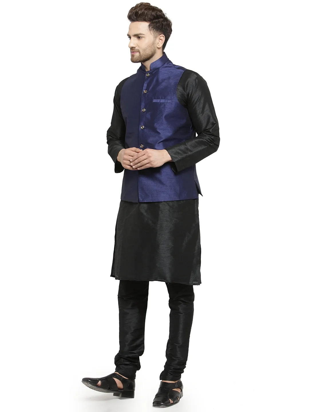 Men's Silk Blend Black Kurta With Pyjama & Navy Blue Nehru Jacket - Benstoke