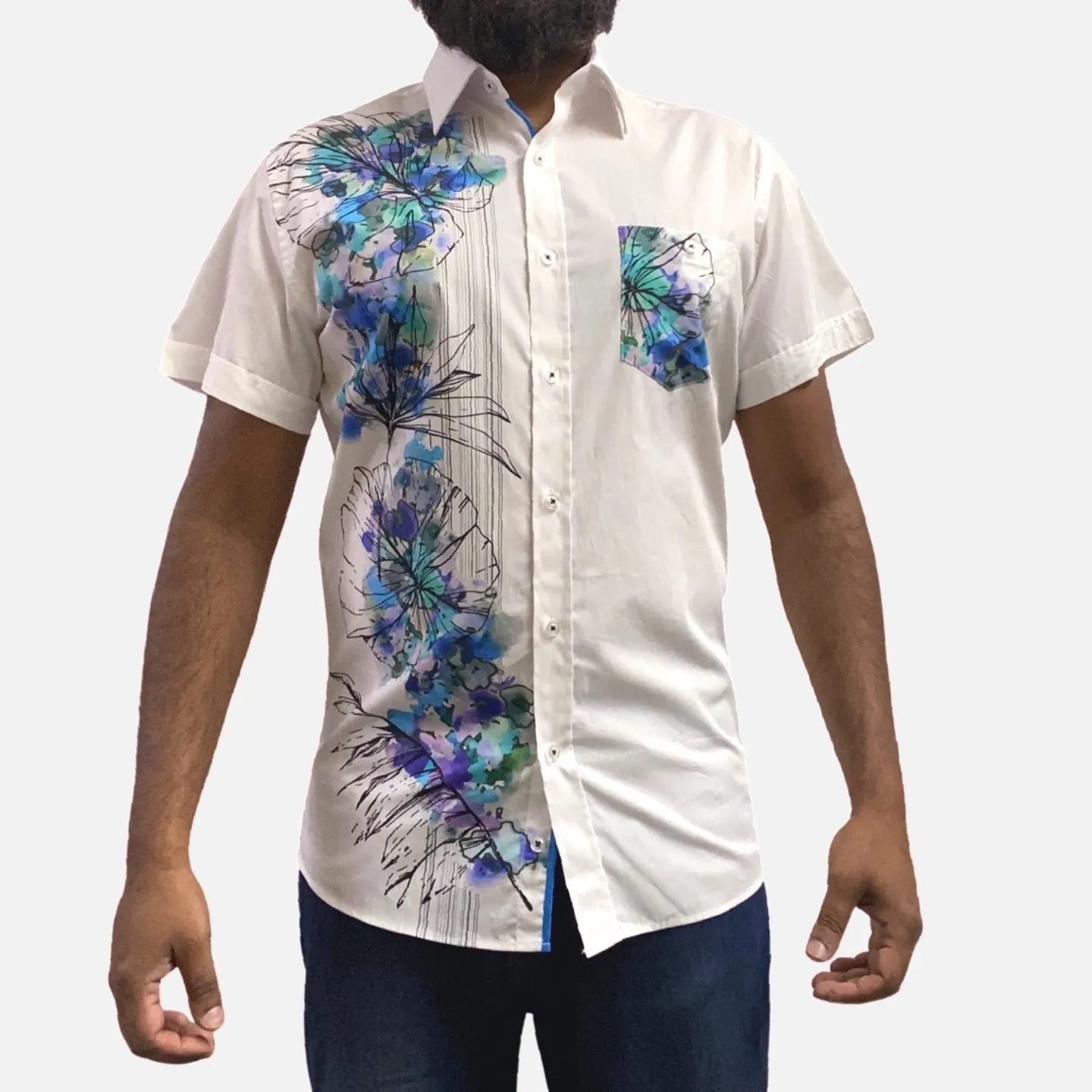 Men's White and Blue Short Sleeve Cotton Button-Up Casual Shirt