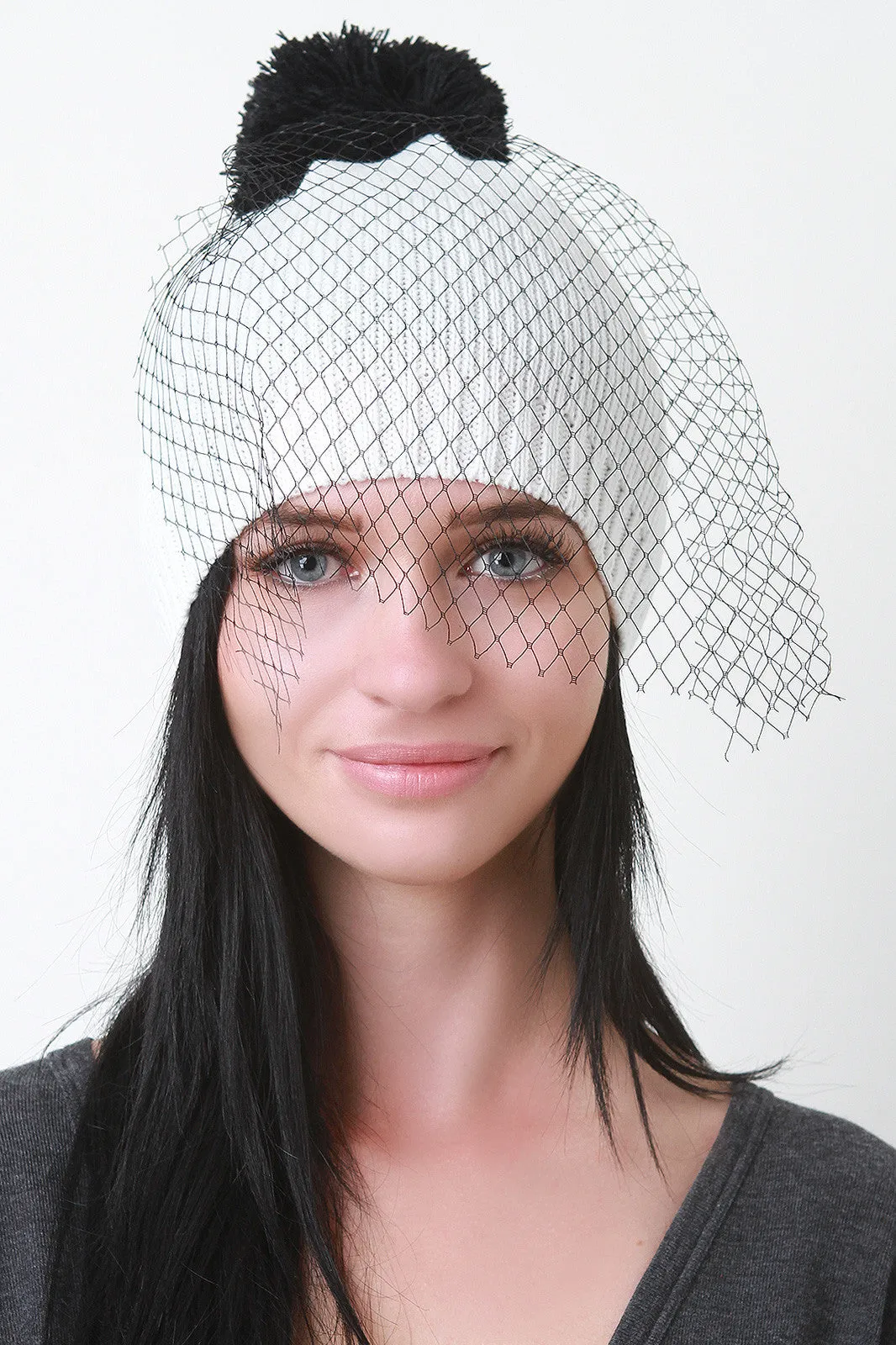 Mesh Veil Pom Pom Knit Beanie