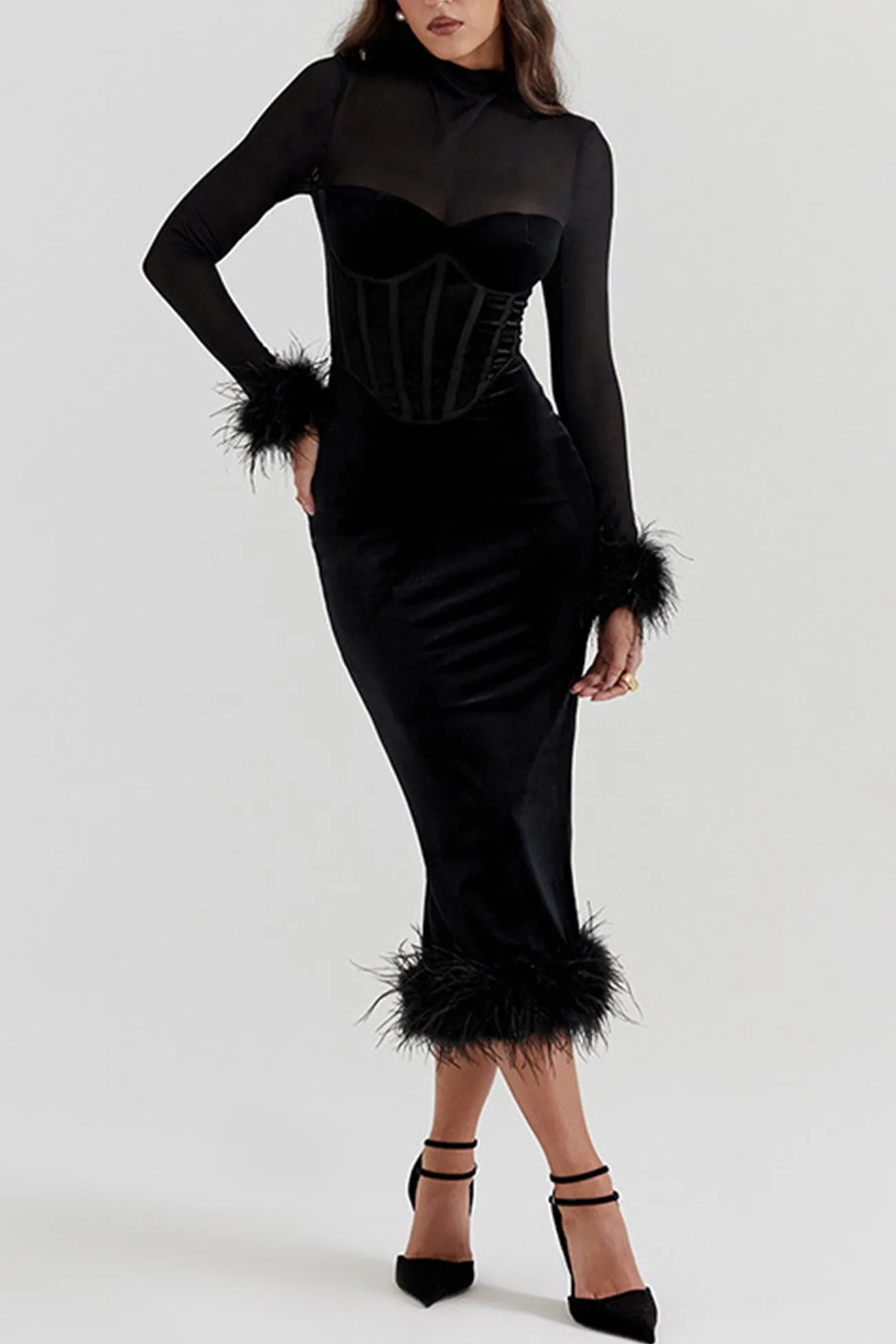 Mesh Velvet Patchwork Fuzzy Hem Slit Dress