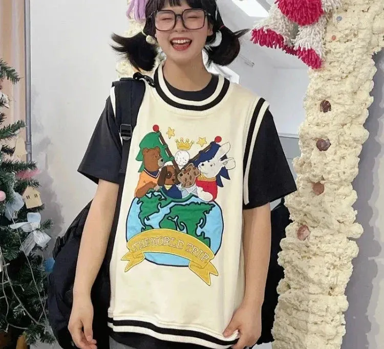 Metaversmall Harajuku Cartoon Bear Embroidery Jacquard Knitted Pullover Women Casual Sweater Vest Spring Sleeveless O-neck Girl Tops