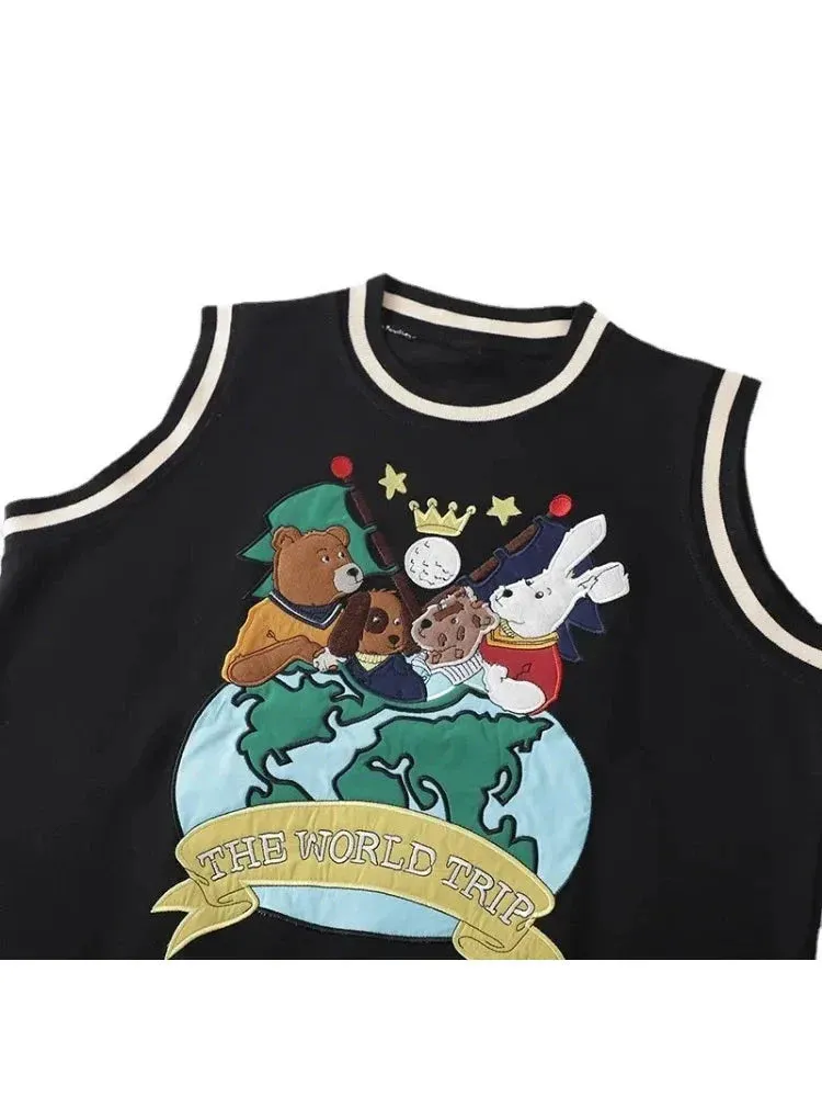 Metaversmall Harajuku Cartoon Bear Embroidery Jacquard Knitted Pullover Women Casual Sweater Vest Spring Sleeveless O-neck Girl Tops