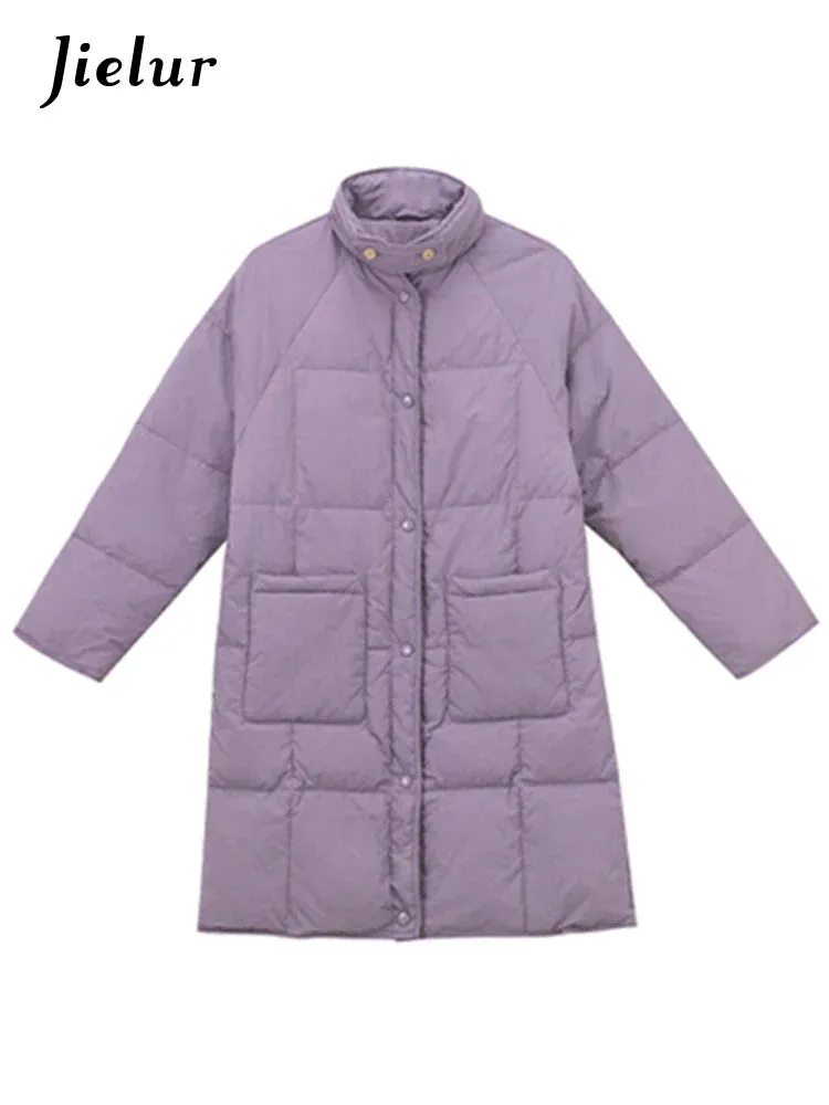 Metaversmall Long Down Jacket Woman New Big Pocket Windproof Buttons Winter Purple Parkas Fashion Stand Collar Cotton Coat Women S-XL