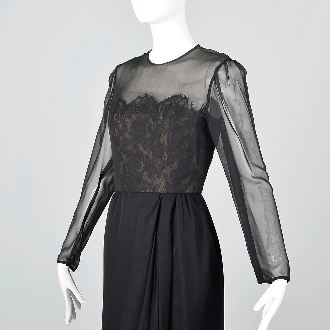 Michael Novarese Long Sleeve Black Evening Dress with Lace Illusion Bodice